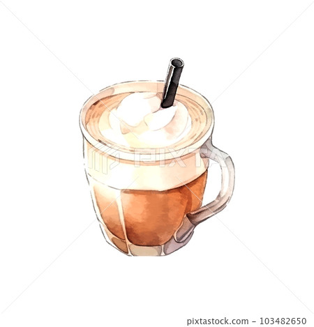 Black coffee mug watercolor in retro style on white background. Shop poster design. Sketch drawing. Sweet food. Black coffee mug watercolor in retro style on white background. Shop poster design. Sketch drawing. Sweet food. 103482650