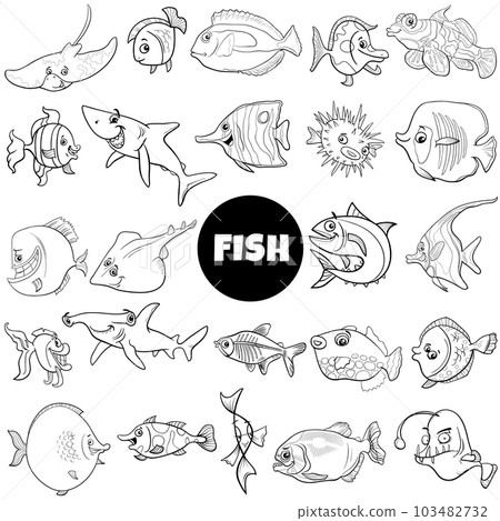 cartoon fish marine animal characters set coloring page 103482732