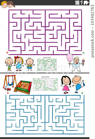 maze activity games set with cartoon children characters maze activity games set with cartoon children characters 103482763