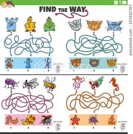 find the way maze games set with funny cartoon characters find the way maze games set with funny cartoon characters 103482767
