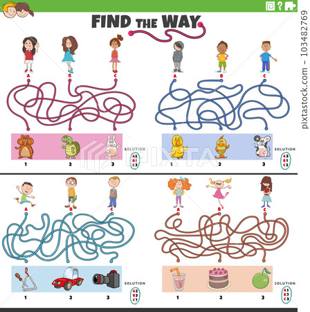 find the way maze games set with funny cartoon children find the way maze games set with funny cartoon children 103482769