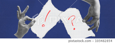 Contemporary art collage with male hands holding a pieces of paper with exclamation and question mark over dark blue background. Creative artwork in paper style. Banner 103482854