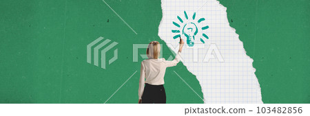 Contemporary art collage with business woman, project manager drawing light bulb on piece of squared paper over green background. Concept of business strategy Contemporary art collage with business woman, project manager drawing light bulb on piece of squared paper over green background. Concept of business strategy 103482856
