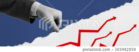 Contemporary art collage with male hand holding a piece of paper with praph of company progress over dark blue background. Concept of business planning, sales. Banner Contemporary art collage with male hand holding a piece of paper with praph of company progress over dark blue background. Concept of business planning, sales. Banner 103482859