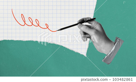 Contemporary art collage with male hand holding a pen and writing, creating strategy, plan over pastel green background. Creative artwork in paper style Contemporary art collage with male hand holding a pen and writing, creating strategy, plan over pastel green background. Creative artwork in paper style 103482861