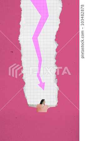 Contemporary art collage with girl, analyst standing near regress arrow over a pink background. Business presentation Contemporary art collage with girl, analyst standing near regress arrow over a pink background. Business presentation 103482878