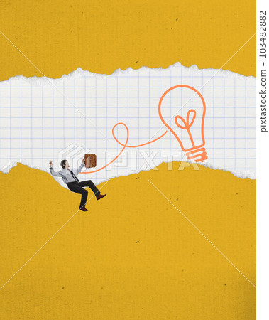 Contemporary art collage with business man levitating near big light bulb looking for inspiration over yellow background. Concept of creative crisis Contemporary art collage with business man levitating near big light bulb looking for inspiration over yellow background. Concept of creative crisis 103482882
