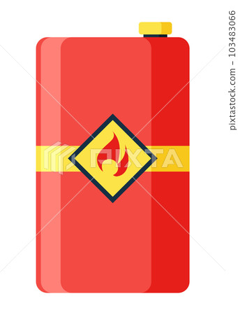 Toxic chemical barrel. Steel tank with dangerous waste. Container with flame icon in flat style. Dangerous substance. Storage of oil components 103483066
