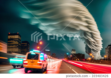 Dramatic evening big city landscape with fire, smoke and tornado. Long exposure and blurred car headlights. Disaster concept. Generative AI. 103483426