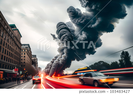 Dramatic evening big city landscape with fire, smoke and tornado. Long exposure and blurred car headlights. Disaster concept. Generative AI. 103483427