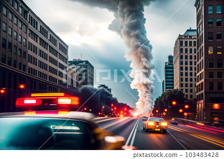 Dramatic evening big city landscape with fire, smoke and tornado. Long exposure and blurred car headlights. Disaster concept. Generative AI. 103483428