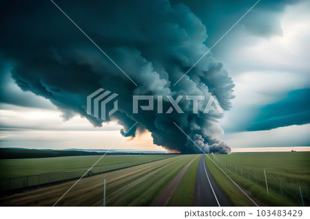 A landscape with a tornado and clouds in a field with an asphalt road running through it. Generative AI. 103483429