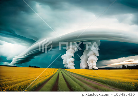 A landscape with a dangerous tornado in a field through which a dirt path runs. Generative AI. 103483430