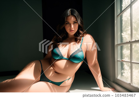 Beautiful plus size brunette woman in green lingerie in a modern interior near the window from which the sun shines. Generative AI. 103483467