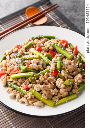 Stir-fry asparagus with minced pork, sesame and chili pepper closeup on the plate. Vertical Stir-fry asparagus with minced pork, sesame and chili pepper closeup on the plate. Vertical 103483514