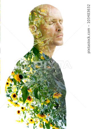 A double exposure portrait of a man and yellow flowers A double exposure portrait of a man and yellow flowers 103483632