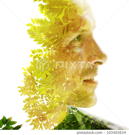 Double exposure profile portrait of a man on white background. Closeup Double exposure profile portrait of a man on white background. Closeup 103483634