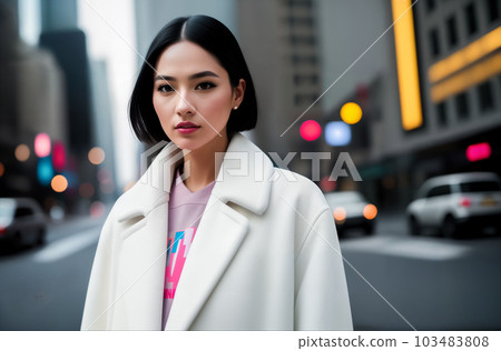 Close-up portrait of beautiful stylish confident modern Asian woman or girl with makeup, short black hair in white jacket, coat or fur coat in big city street with skyscrapers. Generative AI. Close-up portrait of beautiful stylish confident modern Asian woman or girl with makeup, short black hair in white jacket, coat or fur coat in big city street with skyscrapers. Generative AI. 103483808
