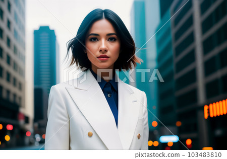 Close-up portrait of beautiful stylish confident modern Asian woman or girl with makeup, short black hair in white jacket on big city street with skyscrapers. Generative AI. 103483810