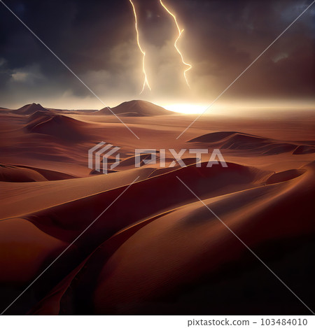 Desert storm. Majestic thunder and lightning unleashed upon the sand. AI-generated 103484010