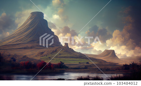 Mystical sentinel. The towering stone enigma amidst the waterscape. Fantasy fictional image. Imitation of oil painting. AI-generated 103484012
