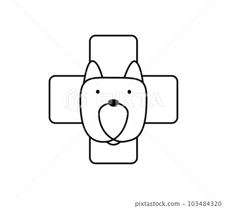Veterinarian clinic. dog and cross monoline logo vector icon. Vet hospital for animals. Dogs or cats treatment. Kitty and puppy on veterinary reception desk. Medicine for pets Veterinarian clinic. dog and cross monoline logo vector icon. Vet hospital for animals. Dogs or cats treatment. Kitty and puppy on veterinary reception desk. Medicine for pets 103484320
