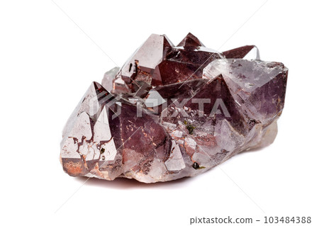 Macro mineral stone Amethysts, Goethite, Epidote on a white background 103484388