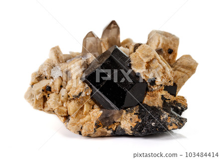 macro mineral stone schorl, black tourmaline on white background 103484414