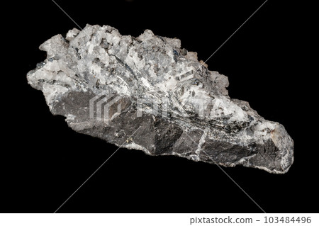 Macro mineral stone Stibnite quartz on a black background 103484496