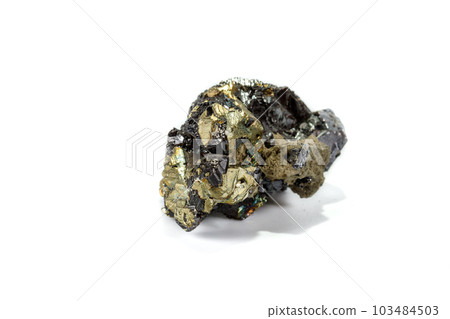 Macro mineral stone  Sphalerite Pyrite on a white background 103484503