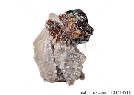 Macro of mineral Sphalerite stone on microcline on white background Macro of mineral Sphalerite stone on microcline on white background 103484516