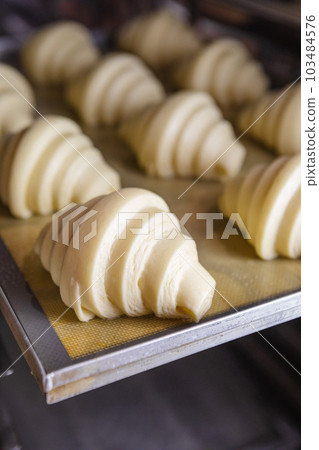 Pre-baked proofed croissant dough 103484576