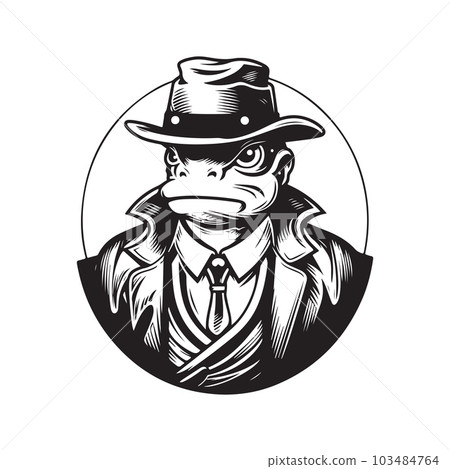 gangster wearing fedora hat, vintage logo line art concept black