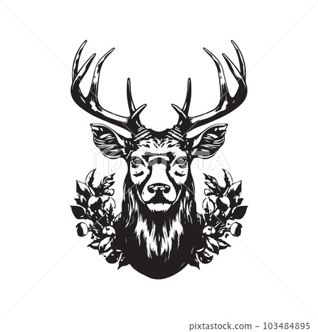 apple with deer, vintage logo line art concept black and white color, hand drawn illustration apple with deer, vintage logo line art concept black and white color, hand drawn illustration 103484895