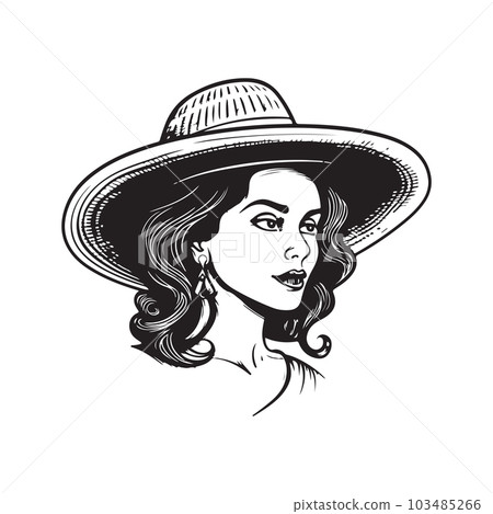 woman wearing sombrero hat, vintage logo concept black and white color, hand drawn illustration 103485266