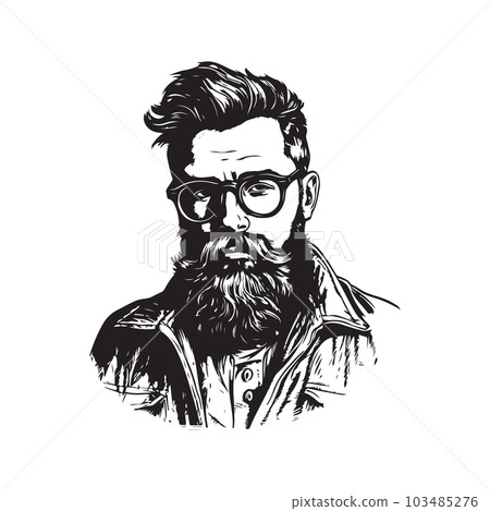 bearded man in glasses, vintage logo concept black and white color, hand drawn illustration 103485276