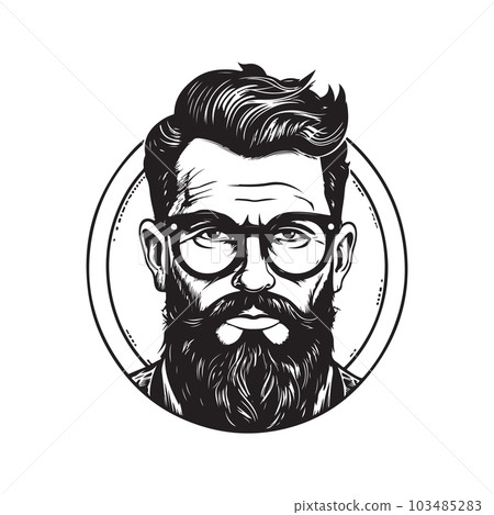 bearded man in glasses, vintage logo concept black and white color, hand drawn illustration 103485283