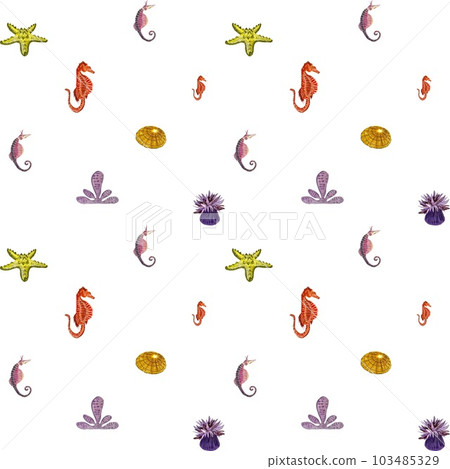 Sea horse starfish coral simple pattern watercolor 103485329