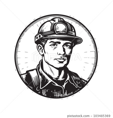 worker man in hard hat, vintage logo concept black and white color, hand drawn illustration 103485369