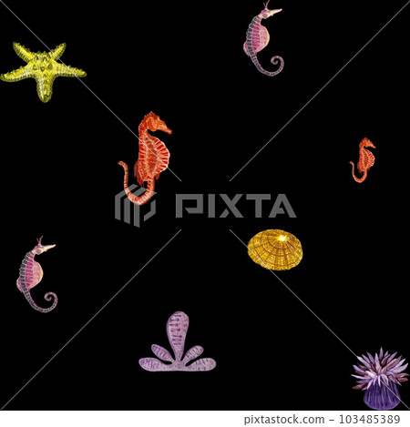 Sea horse starfish coral black pattern watercolor 103485389