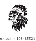 owl wearing indian chief accessories, logo concept black and white color, hand drawn illustration 103485521