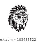 owl wearing indian chief accessories, logo concept black and white color, hand drawn illustration 103485522