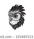 owl wearing indian chief accessories, logo concept black and white color, hand drawn illustration 103485523