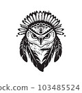 owl wearing indian chief accessories, logo concept black and white color, hand drawn illustration 103485524