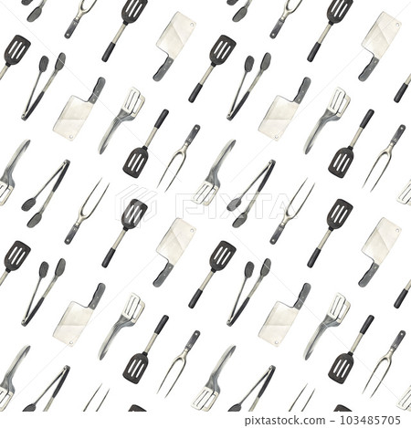 Watercolor seamless pattern elements grill, kitchen tools for cooking bbq: spatula,fork,tongs and knife grilling. Hand-drawn illustration isolated on white background.Perfect for menu cafe, restaurant 103485705