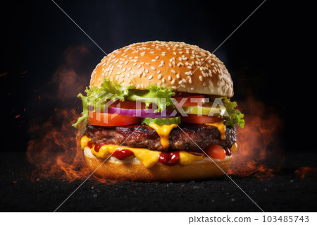 A hamburger on black background ready to eat with Ai Generated 103485743