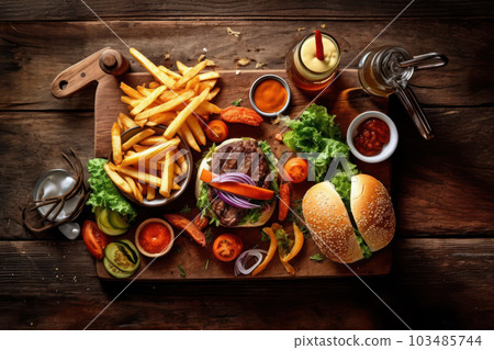 Top view hamburger and french fries on wooden board with Ai Generated. 103485744