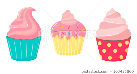 A set of sweet delicious cupcakes with cream and multicolored sugar sprinkles. Vector illustration of baking in a flat style. A set of sweet delicious cupcakes with cream and multicolored sugar sprinkles. Vector illustration of baking in a flat style. 103485860