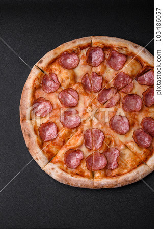 Tasty fresh pizza with salami, cheese, tomatoes, spices and salt Tasty fresh pizza with salami, cheese, tomatoes, spices and salt 103486057