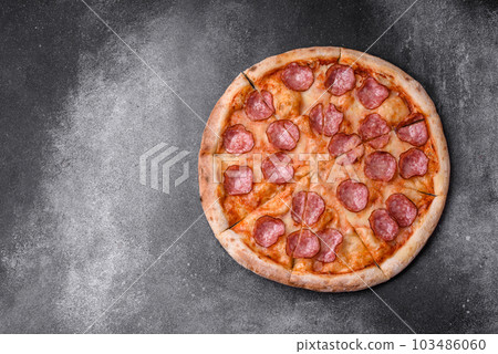 Tasty fresh pizza with salami, cheese, tomatoes, spices and salt 103486060